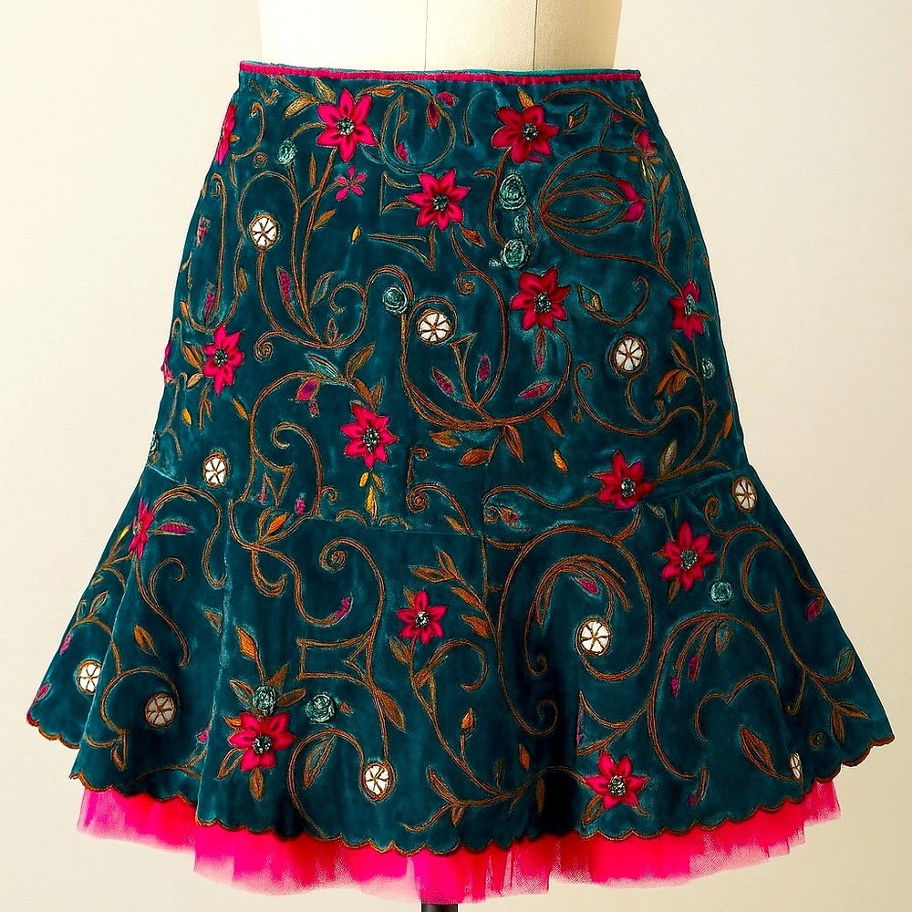Teal Velvet Embroidered Skirt, Size 10, NWT